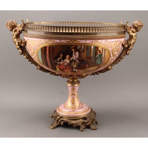 234 - A large Continental gilt bronze mounted porcelain table centre, in the manner of Sèvres, the front p... 