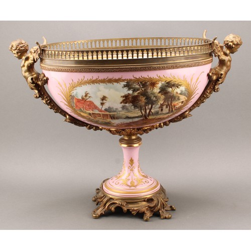 234 - A large Continental gilt bronze mounted porcelain table centre, in the manner of Sèvres, the front p... 