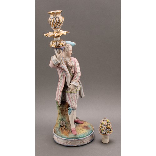 246 - A pair of Continental bisque porcelain figural candlesticks, as a courting couple in 18th century dr... 