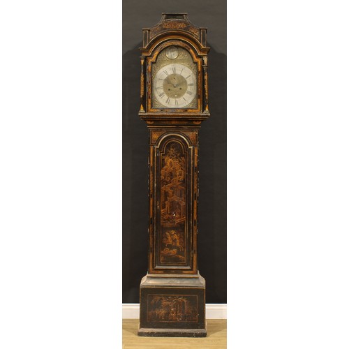 1500 - A George III chinoiserie decorated lacquer pagoda top longcase clock, 33.5cm arched brass dial inscr... 