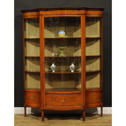 2458 - A Sheraton Revival satinwood and marquetry serpentine display cabinet, moulded cornice with simulate... 