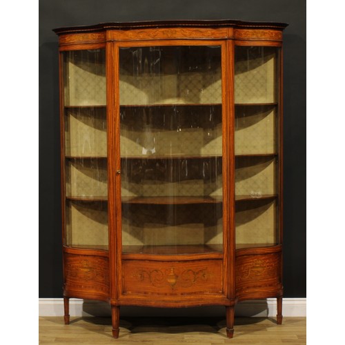 2458 - A Sheraton Revival satinwood and marquetry serpentine display cabinet, moulded cornice with simulate... 