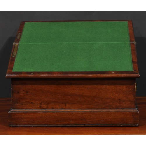 2332 - A George III mahogany table-top writing box, hinged cover with reading ledge, reciprocal drawer fitt... 