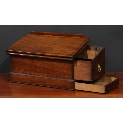 2332 - A George III mahogany table-top writing box, hinged cover with reading ledge, reciprocal drawer fitt... 