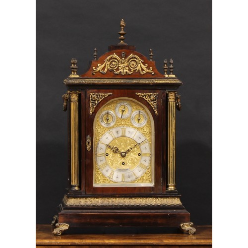 2453 - A substantial Victorian gilt metal mounted musical bracket clock, 18.5cm arched brass dial with silv... 