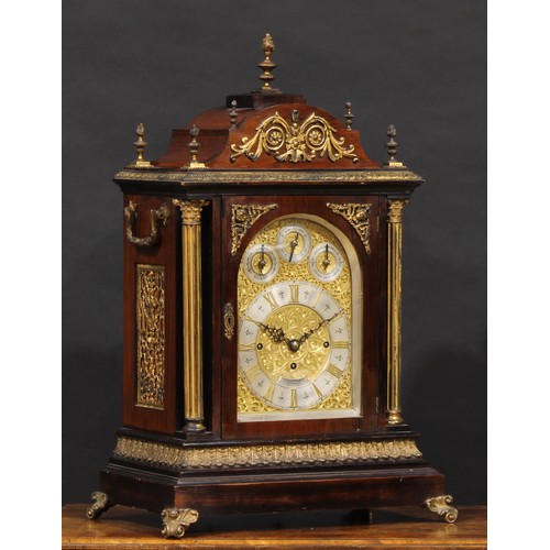 2453 - A substantial Victorian gilt metal mounted musical bracket clock, 18.5cm arched brass dial with silv... 