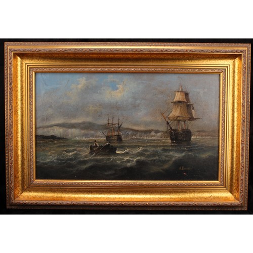 453 - H Darby
Naval Ships off the Dover Coast
signed, oil on canvas laid on board, 28.5cm x 48.5cm