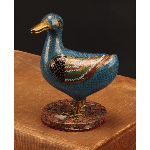 1282 - A Chinese cloisonne enamel model, of a duck, decorated in polychrome, circular marble base, 13.5cm h... 