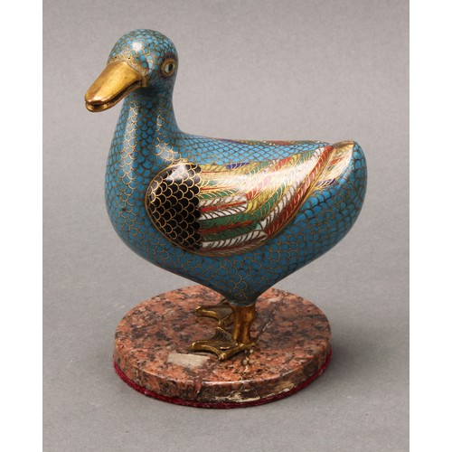 1282 - A Chinese cloisonne enamel model, of a duck, decorated in polychrome, circular marble base, 13.5cm h... 