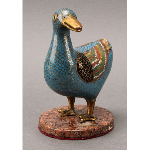 1282 - A Chinese cloisonne enamel model, of a duck, decorated in polychrome, circular marble base, 13.5cm h... 