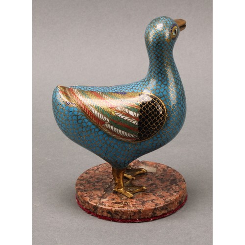 1282 - A Chinese cloisonne enamel model, of a duck, decorated in polychrome, circular marble base, 13.5cm h... 