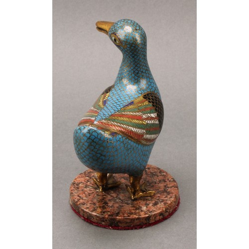 1282 - A Chinese cloisonne enamel model, of a duck, decorated in polychrome, circular marble base, 13.5cm h... 