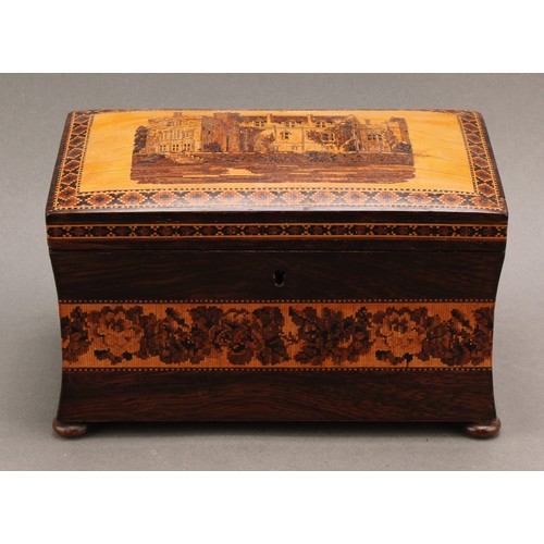 2439 - A Victorian Tunbridge-ware and rosewood waisted rectangular tea caddy, hinged cover depicting Hever ... 