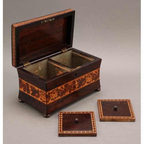 2439 - A Victorian Tunbridge-ware and rosewood waisted rectangular tea caddy, hinged cover depicting Hever ... 