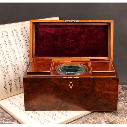 2198 - A George III yew rectangular tea caddy, hinged cover with Old Sheffield plate, navette shaped handle... 