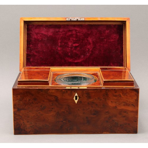 2198 - A George III yew rectangular tea caddy, hinged cover with Old Sheffield plate, navette shaped handle... 