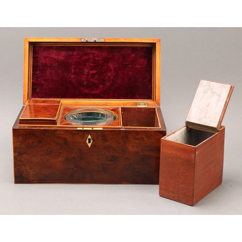 2198 - A George III yew rectangular tea caddy, hinged cover with Old Sheffield plate, navette shaped handle... 