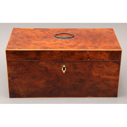 2198 - A George III yew rectangular tea caddy, hinged cover with Old Sheffield plate, navette shaped handle... 