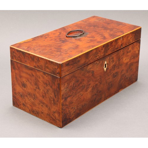 2198 - A George III yew rectangular tea caddy, hinged cover with Old Sheffield plate, navette shaped handle... 