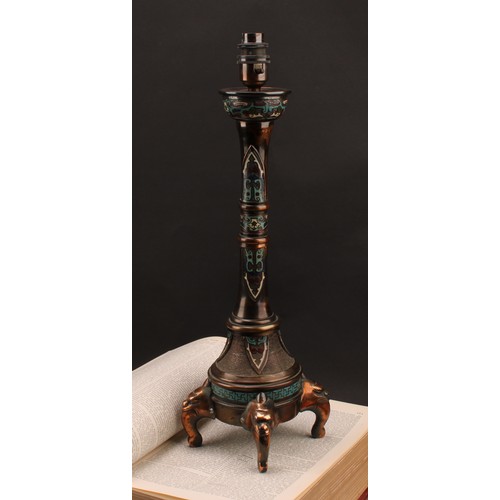 1318 - A Chinese cloisonné enamel table lamp, decorated in the archaic taste, 41.5cm to base of fitting