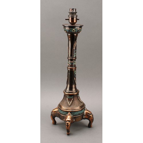 1318 - A Chinese cloisonné enamel table lamp, decorated in the archaic taste, 41.5cm to base of fitting