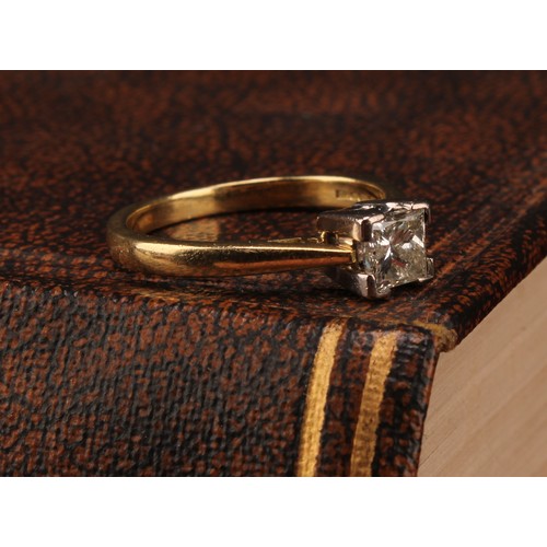 1249 - An 18ct yellow gold 0.60ct princess cut diamond solitaire ring, diamond colour is approx. K/L and di... 