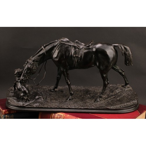 2550 - Pierre-Jules Mêne, after, a dark patinated animalier bronze, horse and dog, 48.5cm wide