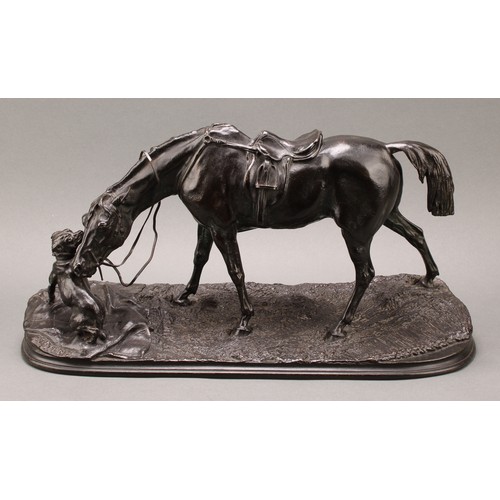 2550 - Pierre-Jules Mêne, after, a dark patinated animalier bronze, horse and dog, 48.5cm wide