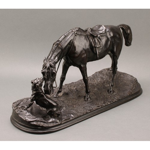 2550 - Pierre-Jules Mêne, after, a dark patinated animalier bronze, horse and dog, 48.5cm wide