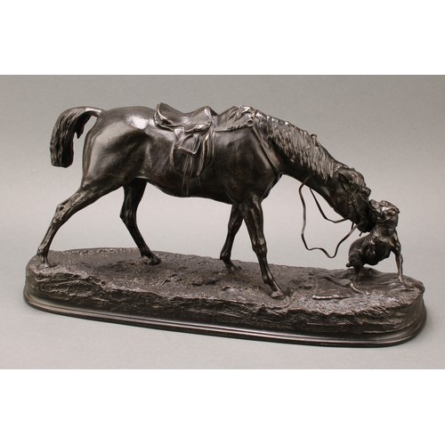 2550 - Pierre-Jules Mêne, after, a dark patinated animalier bronze, horse and dog, 48.5cm wide