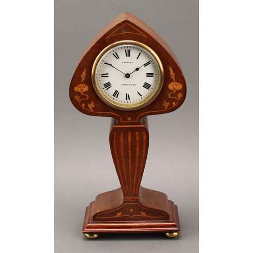 2455 - An Art Nouveau mahogany and marquetry mantel clock, of organic form, 8cm dial inscribed SANDERS STRE... 