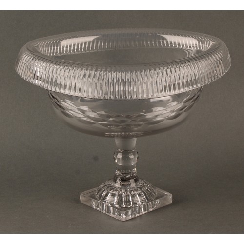 287 - A late 18th century Irish clear crystal glass pedestal bowl, the oval body with deep roll rim, raise... 