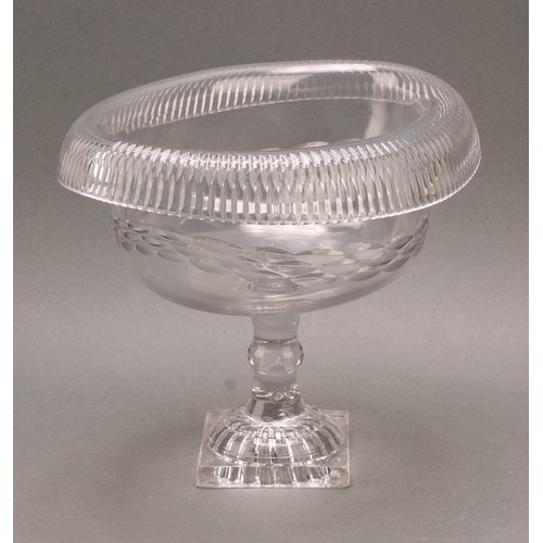 287 - A late 18th century Irish clear crystal glass pedestal bowl, the oval body with deep roll rim, raise... 