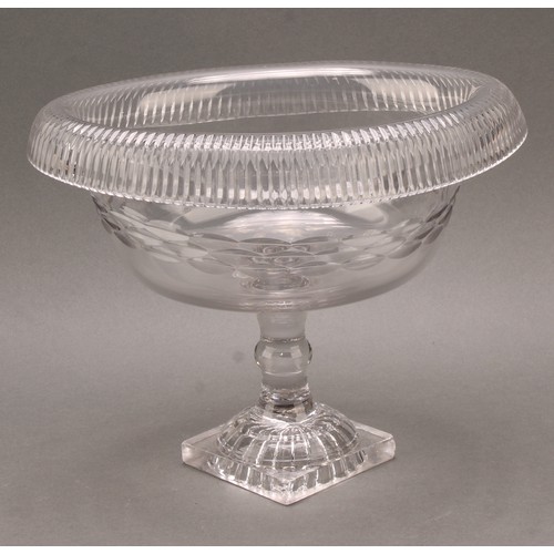 287 - A late 18th century Irish clear crystal glass pedestal bowl, the oval body with deep roll rim, raise... 