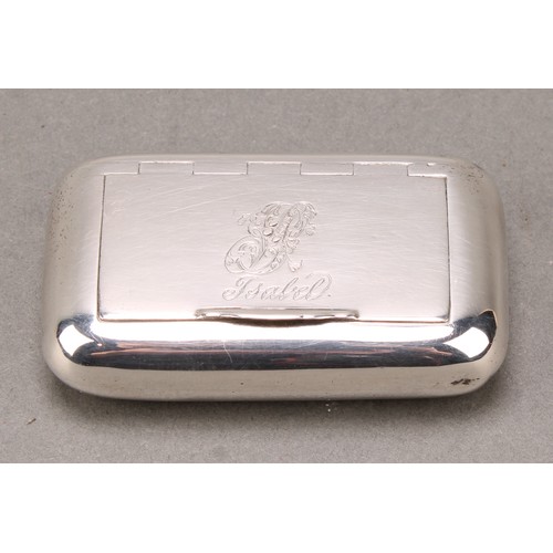 787 - A George III silver rounded rectangular snuff box, quite plain, monogrammed and inscribed Isabel, 6c... 