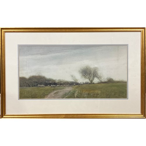 401 - William Tatton Winter, RBA, (1855-1928), A Wind-swept meadow, with sheep, signed, dated 1897, waterc... 