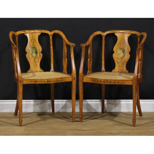 2493 - A pair of Sheraton Revival painted satinwood library chairs, 81cm high, 53.5cm wide, 44cm deep, c.18... 