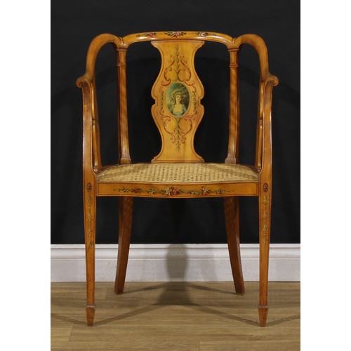 2493 - A pair of Sheraton Revival painted satinwood library chairs, 81cm high, 53.5cm wide, 44cm deep, c.18... 