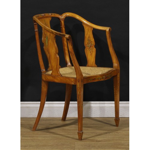 2493 - A pair of Sheraton Revival painted satinwood library chairs, 81cm high, 53.5cm wide, 44cm deep, c.18... 