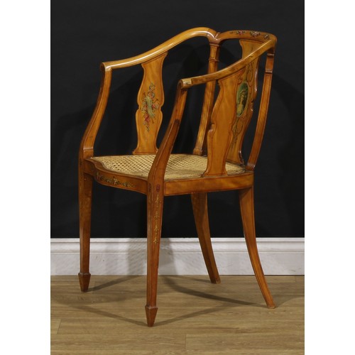 2493 - A pair of Sheraton Revival painted satinwood library chairs, 81cm high, 53.5cm wide, 44cm deep, c.18... 