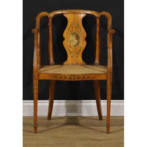 2493 - A pair of Sheraton Revival painted satinwood library chairs, 81cm high, 53.5cm wide, 44cm deep, c.18... 