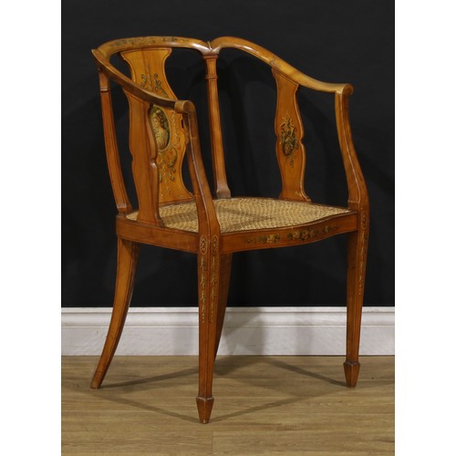 2493 - A pair of Sheraton Revival painted satinwood library chairs, 81cm high, 53.5cm wide, 44cm deep, c.18... 