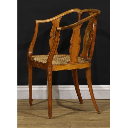 2493 - A pair of Sheraton Revival painted satinwood library chairs, 81cm high, 53.5cm wide, 44cm deep, c.18... 