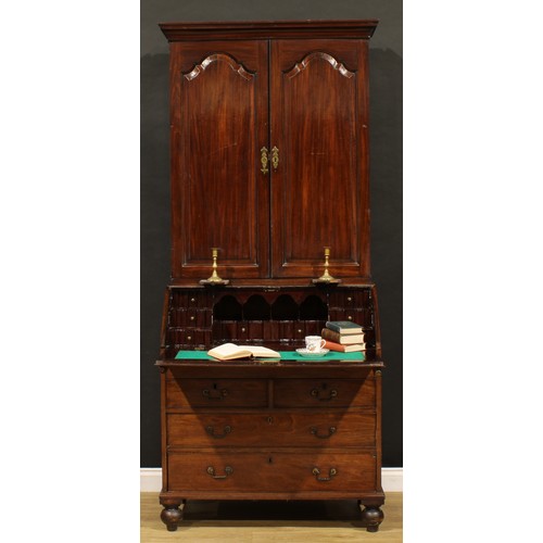 1505 - A George III mahogany bureau book cabinet, moulded cornice above a pair of raised and fielded panel ... 