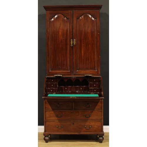 1505 - A George III mahogany bureau book cabinet, moulded cornice above a pair of raised and fielded panel ... 