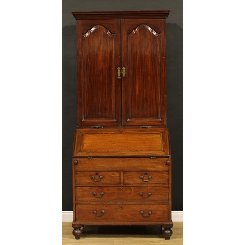 1505 - A George III mahogany bureau book cabinet, moulded cornice above a pair of raised and fielded panel ... 