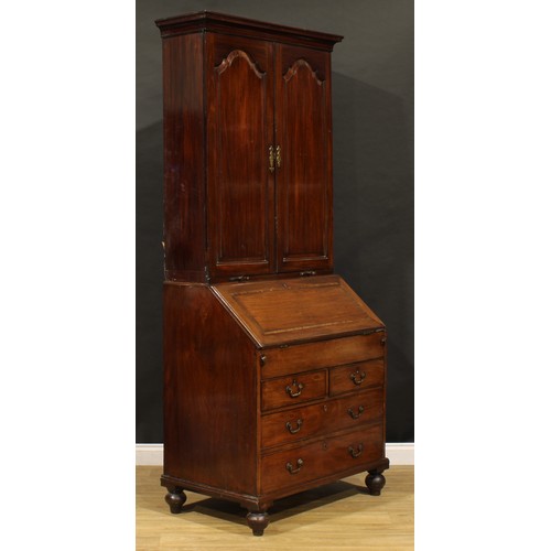 1505 - A George III mahogany bureau book cabinet, moulded cornice above a pair of raised and fielded panel ... 