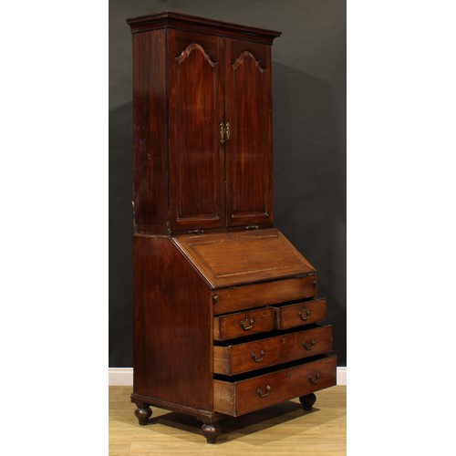 1505 - A George III mahogany bureau book cabinet, moulded cornice above a pair of raised and fielded panel ... 