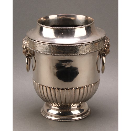 672 - A George III Old Sheffield Plate half-fluted pedestal wine cooler, the border chased with stylised f... 