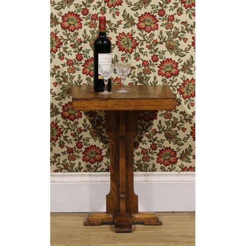 1513 - An Arts & Crafts oak pedestal table, square top inlaid with a four-pointed star, X-form base, 55cm h... 